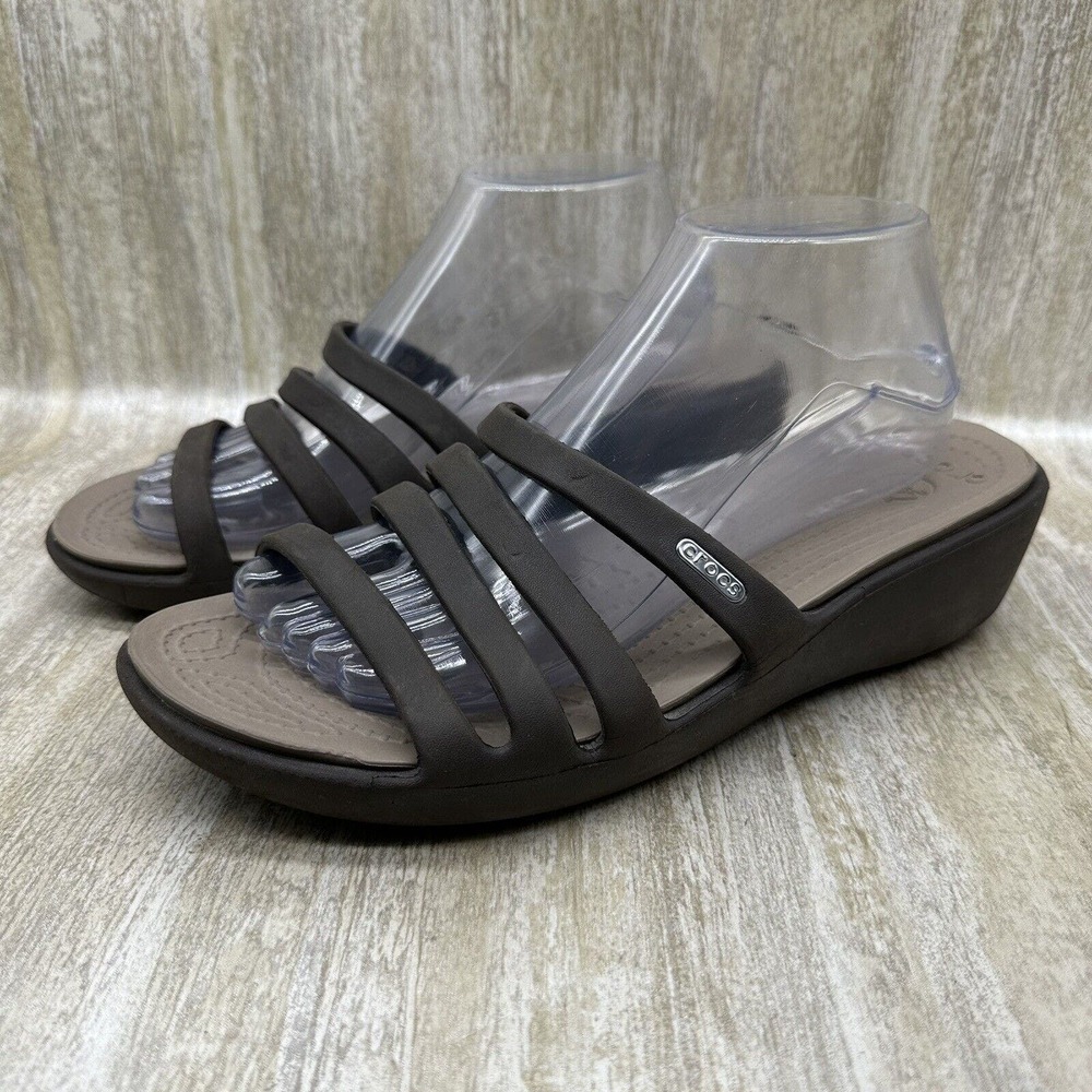 Crocs Rhonda Slides Wedge‎ Strappy Slip On Sandals Brown Style 14706 Womens 10